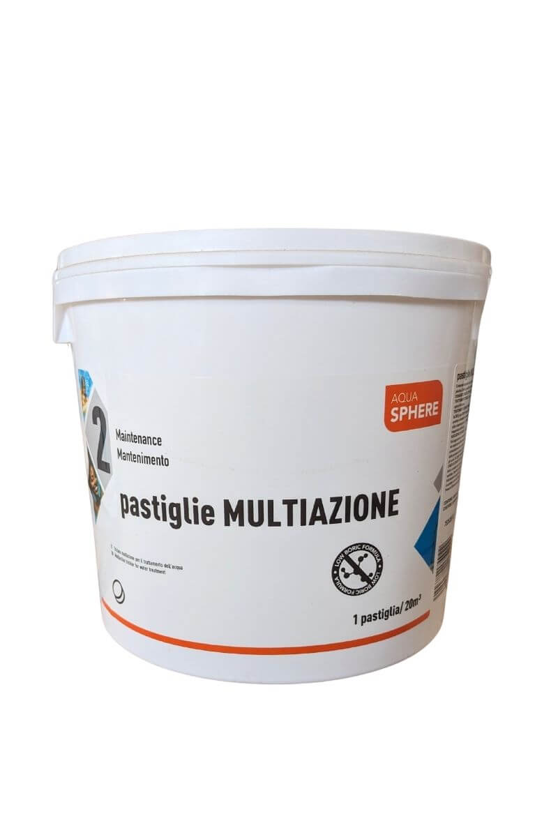 Pastiglie Multiazione Aqua Sphere 5 kg, previene alghe e mantiene l'acqua limpida. Trattamento continuo per piscine