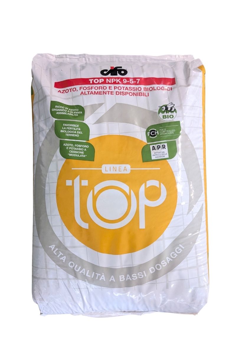 Cifo TOP 9-5-7 25 kg: concime biologico per olivo, frutteto, orto. Migliora la crescita, il terreno e la fertilità.