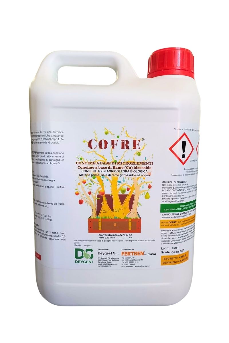 Cofre Deygest 4,5 L concime a base di rame per prevenire carenze nelle piante. Adatto ad agricoltura biologica