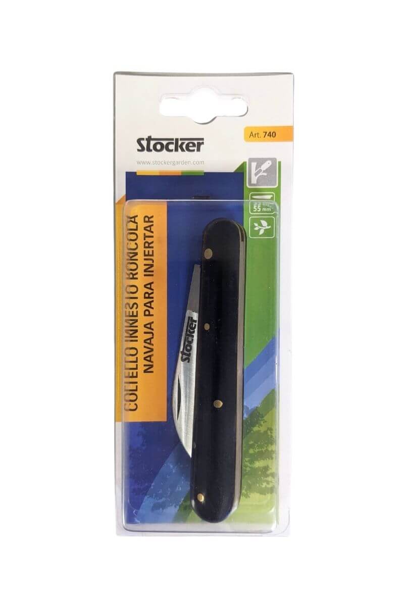 Coltello da innesto roncola Stocker Garden con lama curva da 55 mm in acciaio al carbonio, leggero e preciso