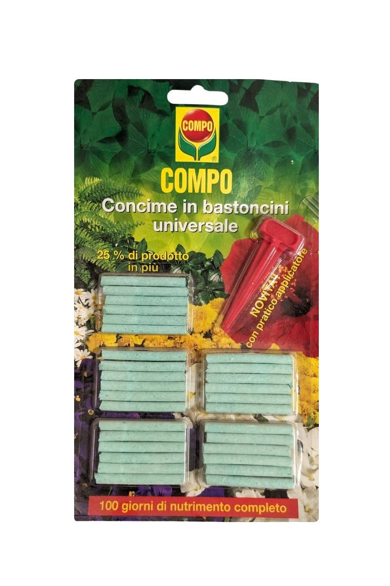 COMPO Concime in Bastoncini Universale, nutrimento completo per piante verdi e fiorite fino a 100 giorni.