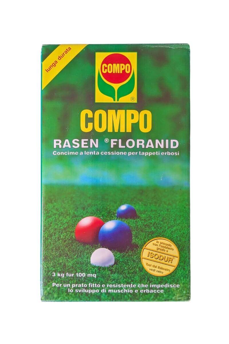 Rasen Floranid Compo: Concime per prati con azoto a lenta cessione, magnesio e microelementi. Previene muschio ed erbacce