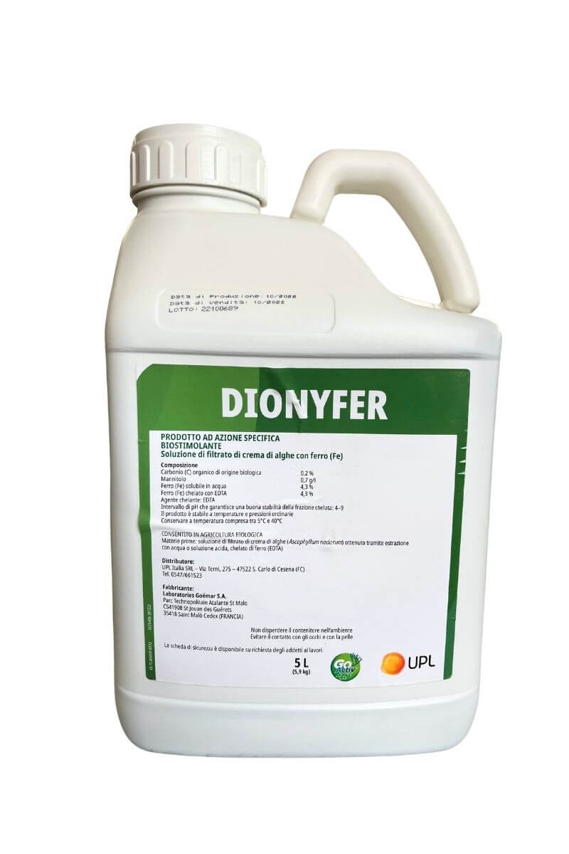 Dionyfer UPL 5 L: biostimolante biologico che previene e corregge la clorosi ferrica, migliorando la salute delle piante