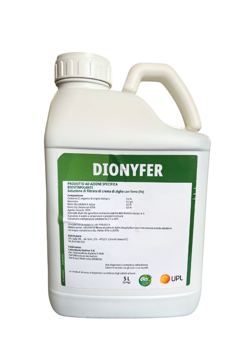 Dionyfer UPL 5 L: biostimolante biologico che previene e corregge la clorosi ferrica, migliorando la salute delle piante