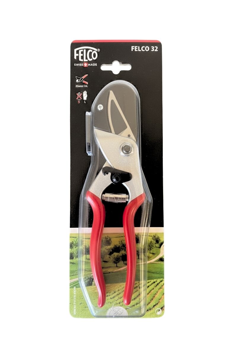 Cesoie a incudine FELCO 32 con controlama in ottone, taglio fino a 25 mm, ideali per potare legno duro con precisione.