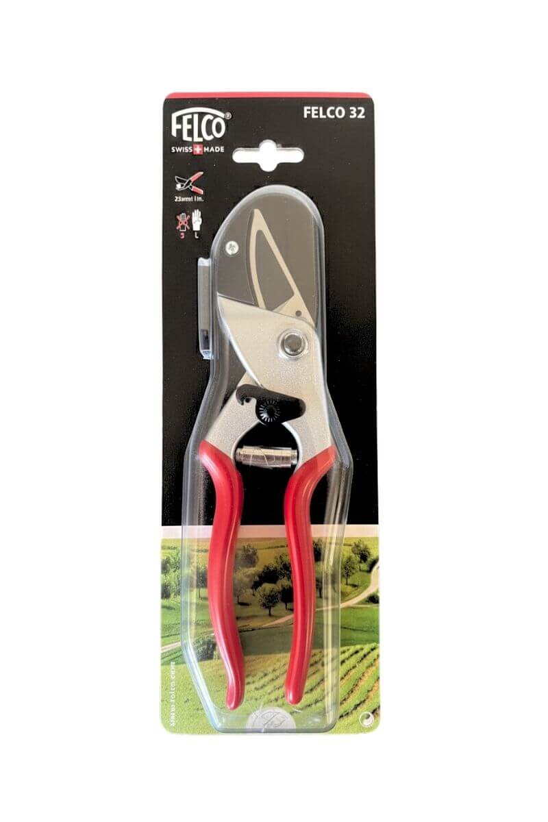 Cesoie a incudine FELCO 32 con controlama in ottone, taglio fino a 25 mm, ideali per potare legno duro con precisione.