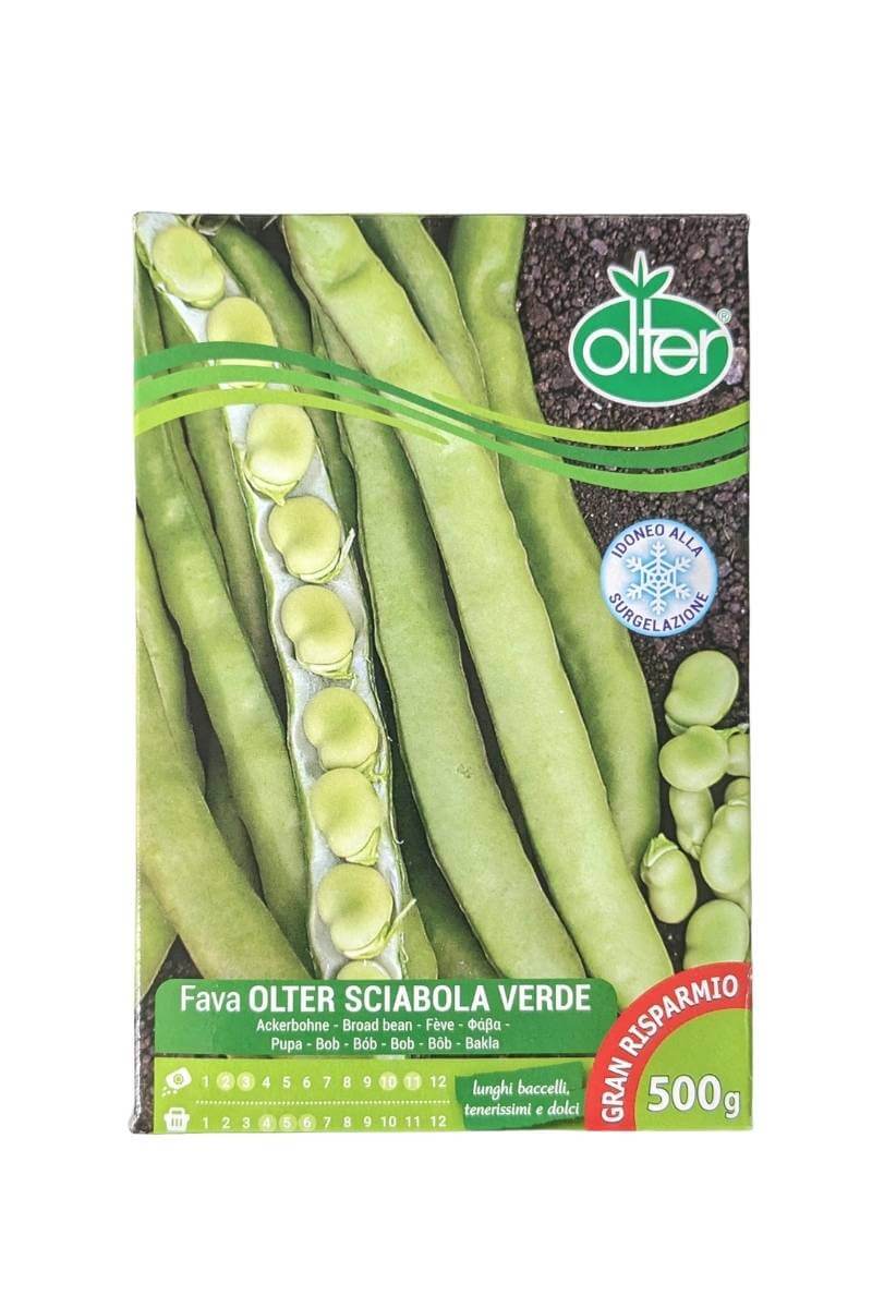 Fava Sciabola Verde Olter (500 g): pianta vigorosa con baccelli lunghi 30-35 cm e 8-9 grani dal sapore dolce e tenero
