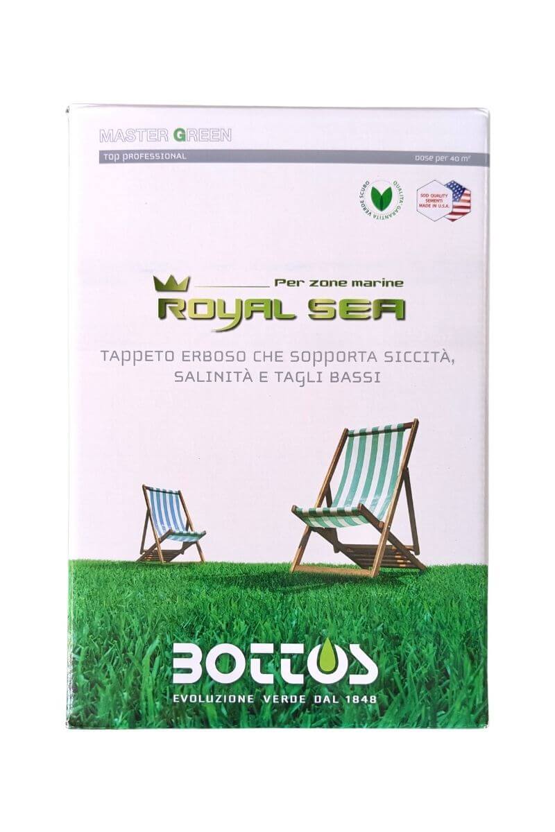 Royal Sea di Bottos: sementi per prati resistenti al sale e siccità, ideali per aree marine, campeggi, parcheggi e aiuole.