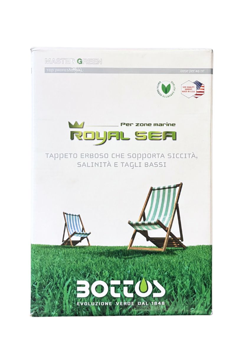 Royal Sea Bottos 1 kg semi prati resistenti al sale e siccità, ideali per aree marine, campeggi, parcheggi e aiuole.