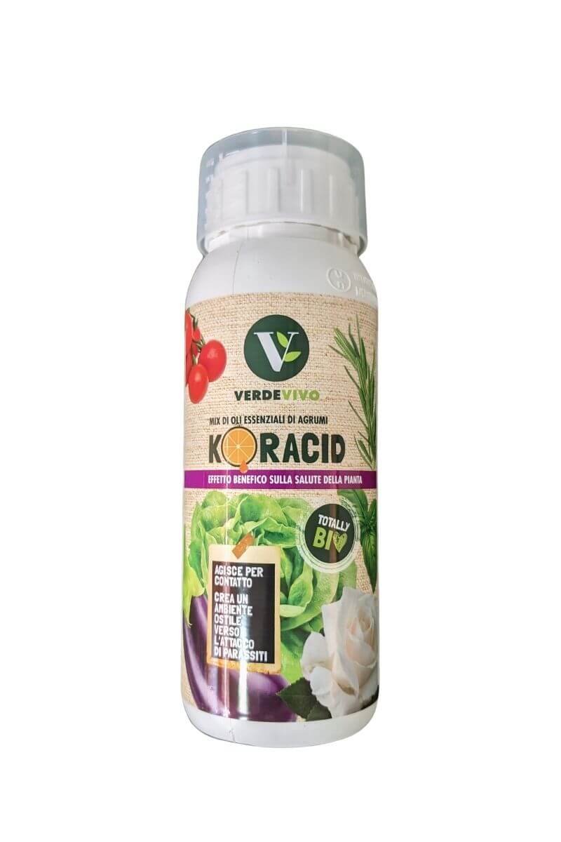 Koracid VerdeVivo, prodotto naturale a base di oli essenziali di agrumi, ideale per proteggere le piante da parassiti
