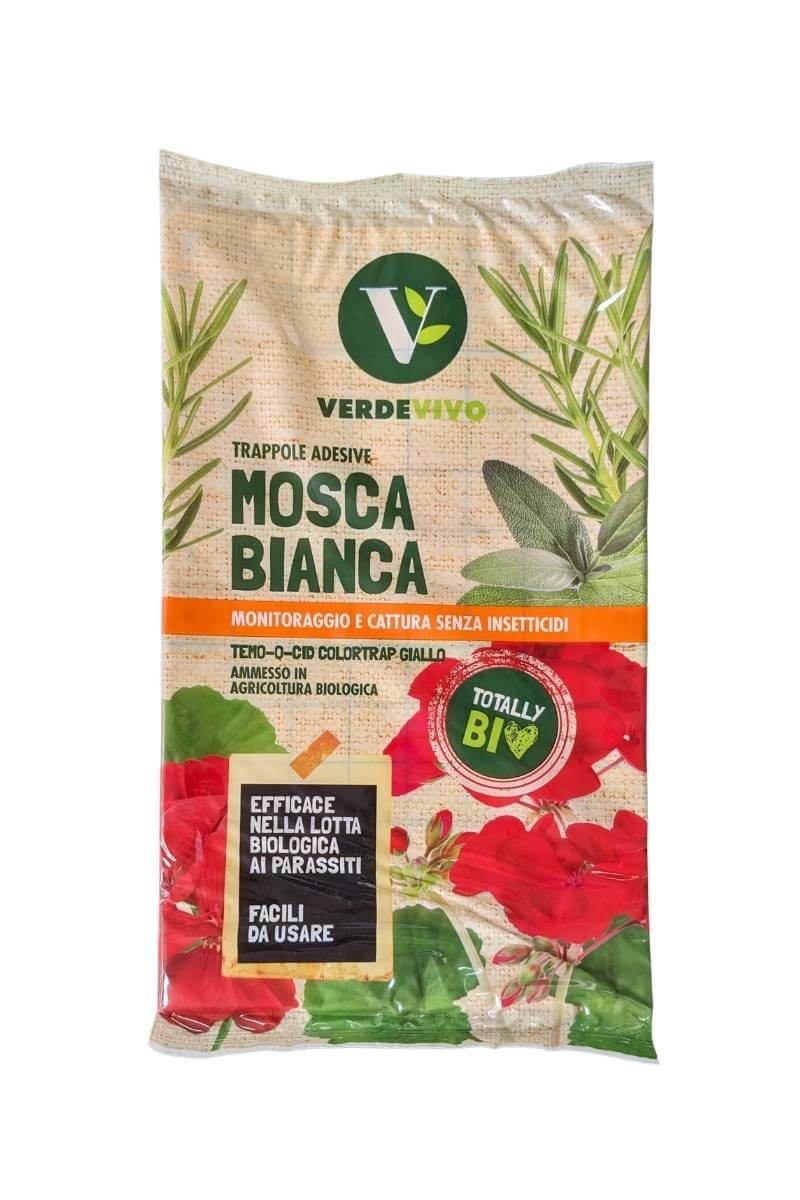 Trappole adesive ecologiche per lotta contro mosca bianca VerdeVivo. Ideale per serra, orto, balcone e ambienti interni