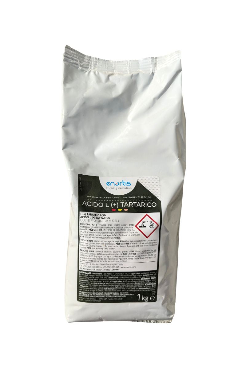 Acido tartarico per vino e mosto E334: corregge acidità, migliora stabilità e gusto del vino. Confezione 1 kg