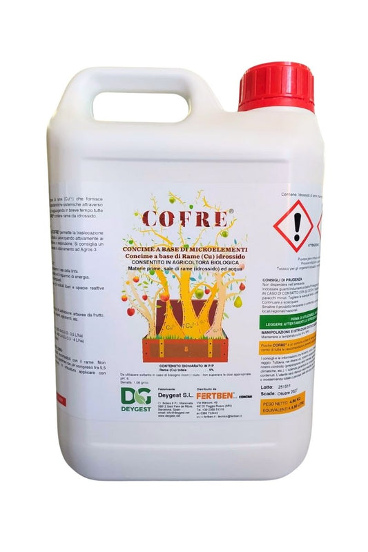 Cofre Deygest 4,5 L: concime a base di rame per prevenire carenze nelle piante. Adatto ad agricoltura biologica