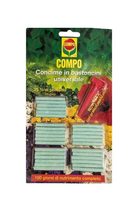 COMPO Concime in Bastoncini Universale, nutrimento completo per piante verdi e fiorite fino a 100 giorni.