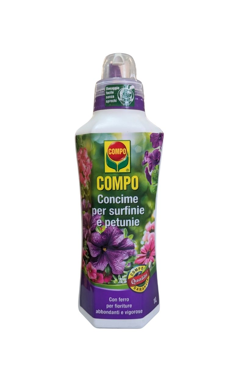 COMPO Concime per surfinie, petunie e piante da balcone, favorisce fioriture abbondanti e colori vivaci. Flacone 1 L