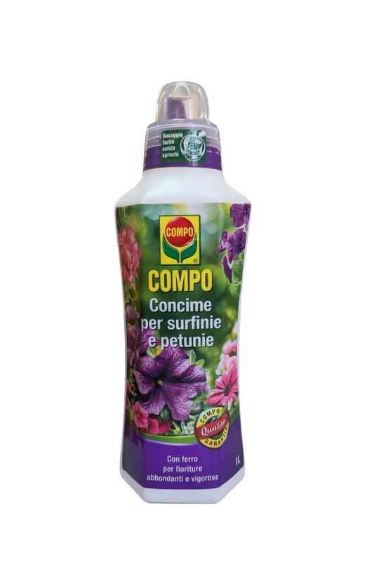 COMPO Concime per surfinie, petunie e piante da balcone, favorisce fioriture abbondanti e colori vivaci. Flacone 1 L