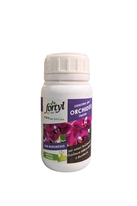 Concime per orchidee liquido al magnesio Fortyl 250 ml, ideale per radici forti, colori brillanti e fioriture durature.
