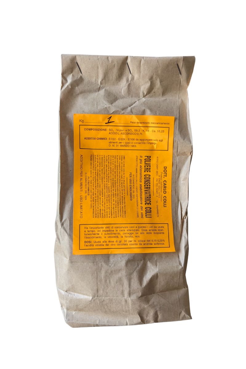 Polvere conservatrice a base di solfiti per vino e mosto: stabilizza e preserva il gusto. Confezione 1 kg