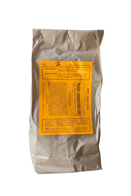 Polvere conservatrice a base di solfiti per vino e mosto: stabilizza e preserva il gusto. Confezione 1 kg