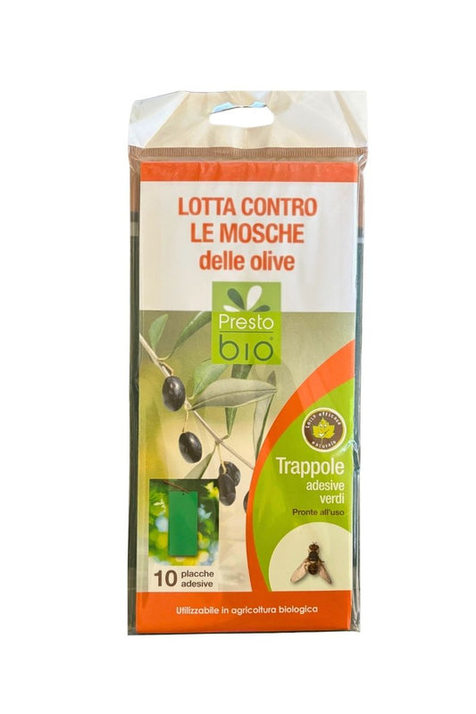 Trappole adesive verdi per la protezione degli ulivi dalla mosca dell’olivo, ideali per agricoltura biologica